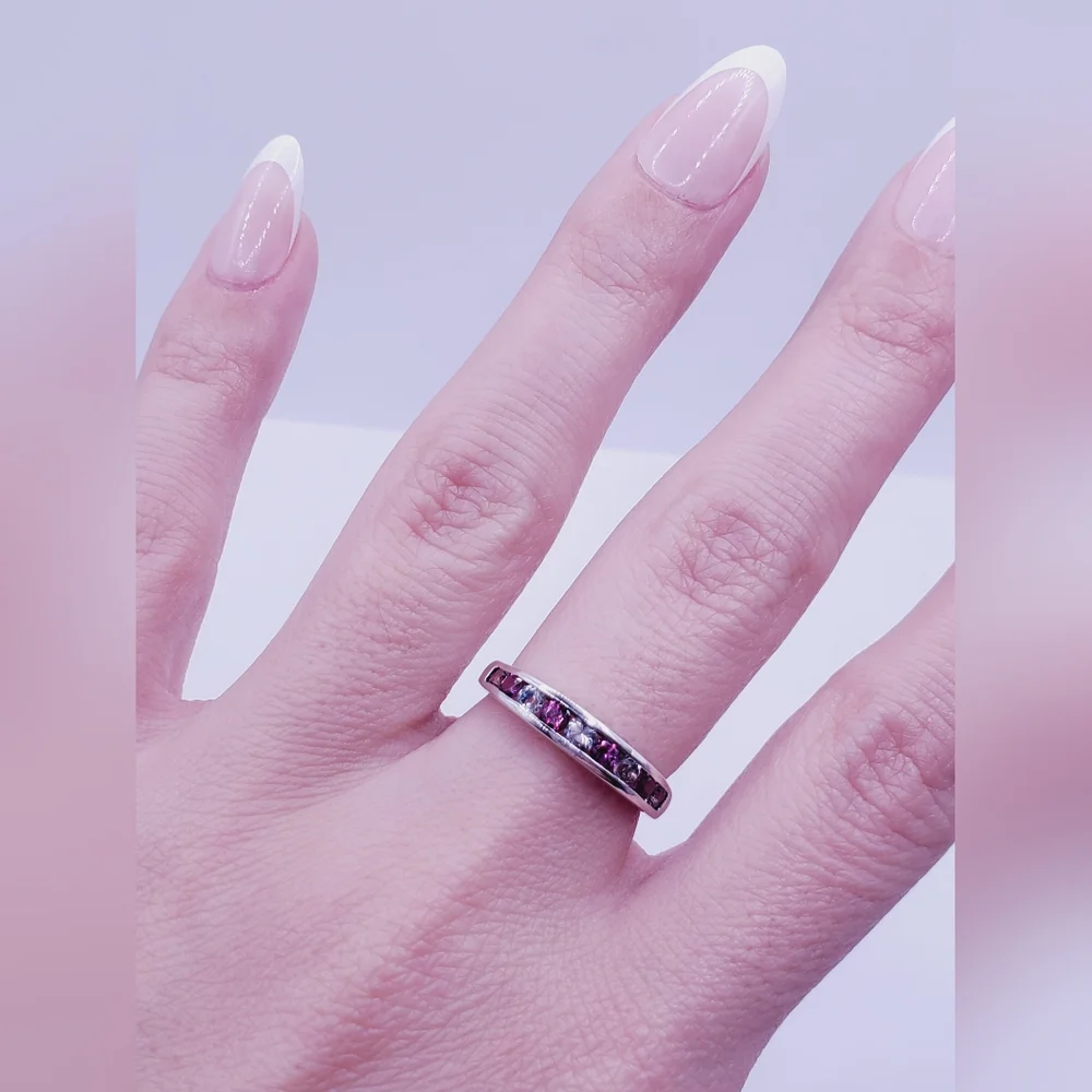 Pink & White Topaz Simulants 925 Sterling Silver Stackable Band Ring